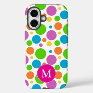 明るいカラフルドット模様ピンクモノグラム iPhone 16ケース