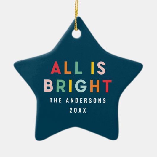 明るいカラフルネイビーモダンブルークリスマスファミリー セラミックオーナメント (正面)