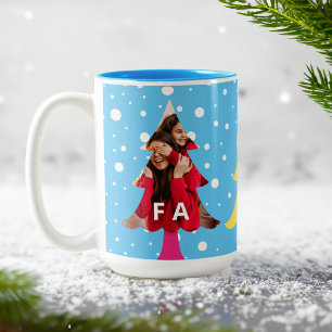 明るいカラフルネオンFaラクリスマスフォトブルー ツートーンマグカップ