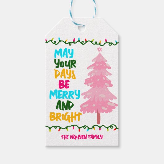 明るいカラフルピメリーンクのクリスマスツリーパーティー ギフトタグ (正面)
