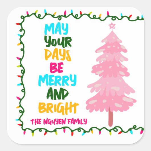 明るいカラフルピメリーンクのクリスマスツリーパーティー スクエアシール (正面)