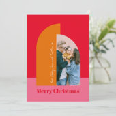 明るいカラフルピンクのメリークリスマス家族の写真 シーズンカード (スタンド正面)