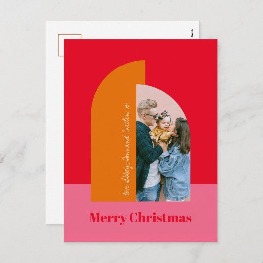 明るいカラフルピンクのメリークリスマス家族の写真 シーズンポストカード (正面/裏面)