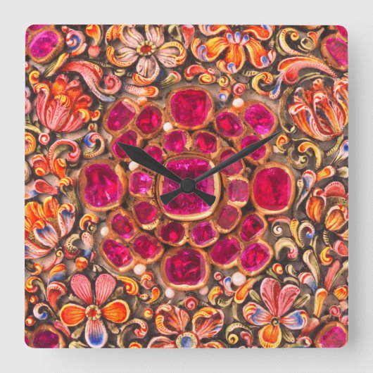 明るいカラフルピンク赤オレンジ色フローラ スクエア壁時計 (正面)