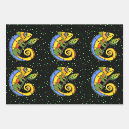 明るいカラフルファンタジートカゲの葉の点を保持 ラッピングペーパーシート (正面3)