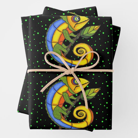 明るいカラフルファンタジートカゲの葉の点を保持 ラッピングペーパーシート (インサイチュ)