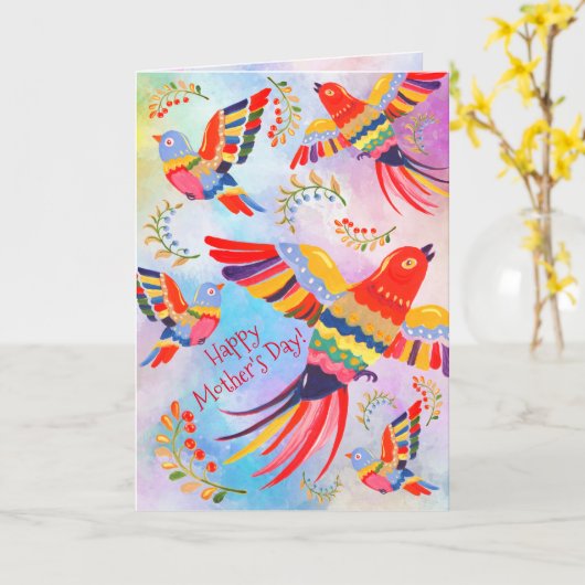 明るいカラフルフォーク鳥絞り染め母の日 カード (黄色い花)