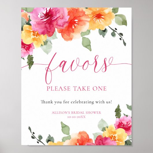 明るいカラフルフローラブライダルシャワーの好意サイン ポスター (正面)