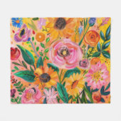 明るいカラフルフローラ油塗装 フリースブランケット (正面(横))