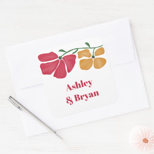 明るいカラフルフローラ結婚新しい スクエアシール (封筒)