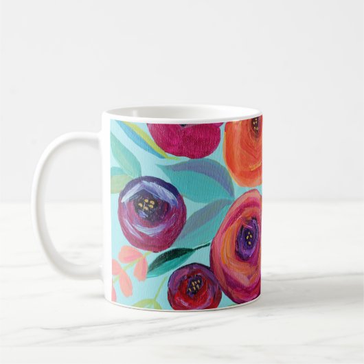 明るいカラフルフローラ開花 コーヒーマグカップ (左)