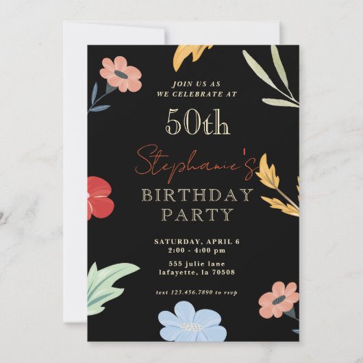 明るいカラフルフローラ50番目の誕生日招待状 招待状 (正面)