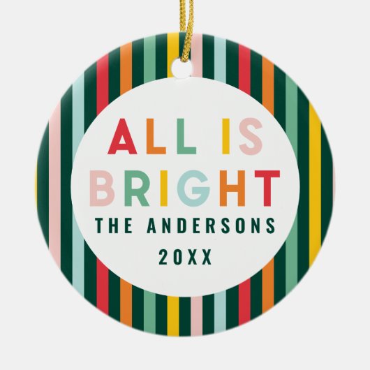 明るいカラフルモダンのクリスマス家族の写真 セラミックオーナメント (正面)