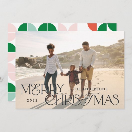 明るいカラフル写真クリスマスの幾何学的スクリプト シーズンカード (正面/裏面)