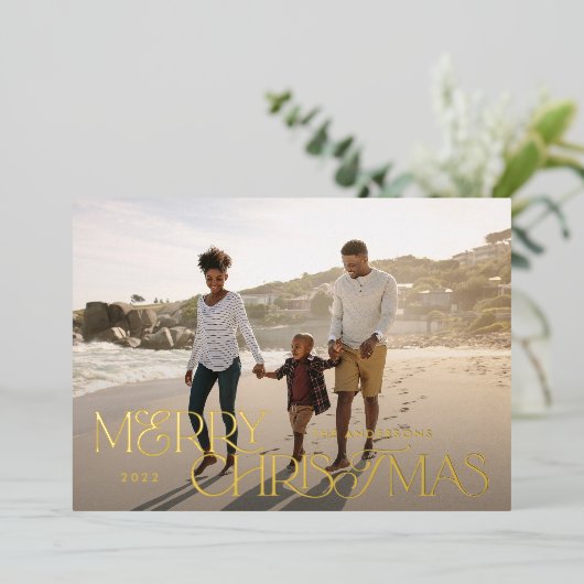 明るいカラフル写真クリスマスの幾何学的スクリプト 箔シーズンカード (立ち正面)
