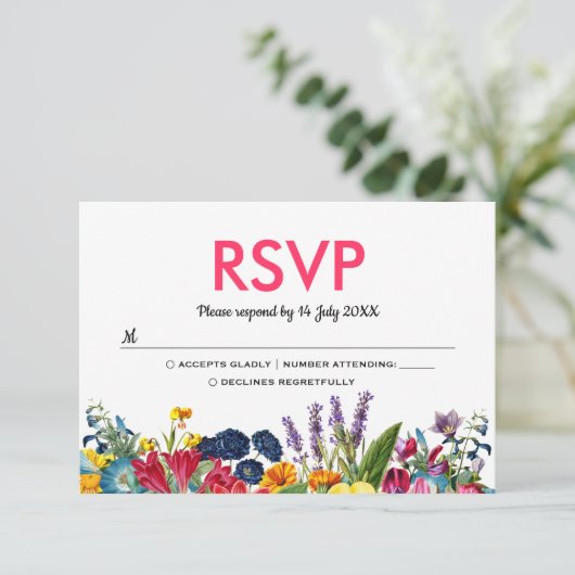 明るいカラフル夏の花の結婚式RSVP 出欠カード (スタンド正面)