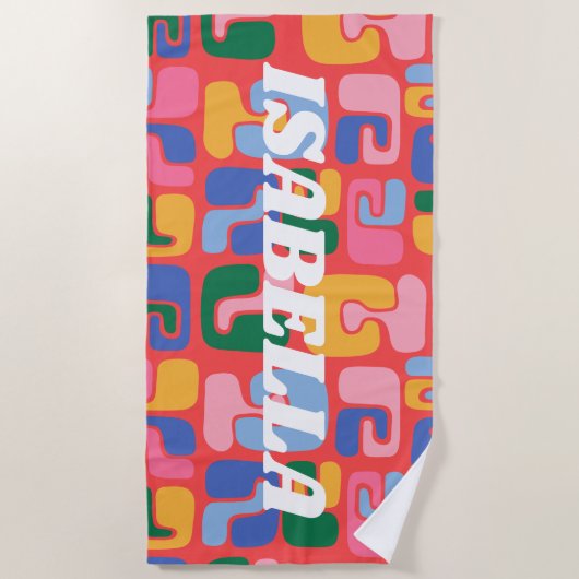 明るいカラフル抽象芸術シェイプパーソナライズされた名 ビーチタオル (正面)