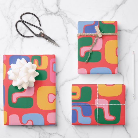 明るいカラフル抽象芸術シェイプ（黄色の赤い青） ラッピングペーパーシート (正面)