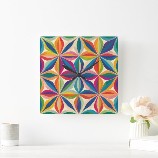 明るいカラフル抽象芸術フローラルパターンプリント スクエア壁時計 (ホーム)