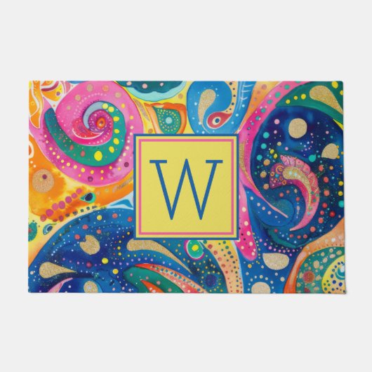 明るいカラフル抽象芸術幾何学的モノグラム ドアマット (正面)