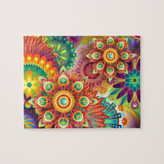 明るいカラフル抽象芸術花模様 ジグソーパズル (横)