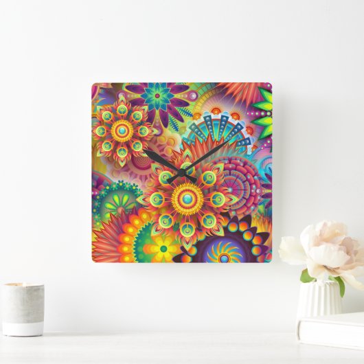 明るいカラフル抽象芸術花模様 スクエア壁時計 (ホーム)