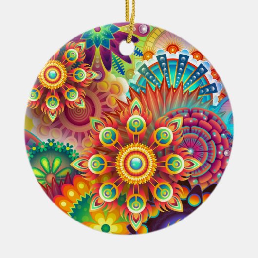 明るいカラフル抽象芸術花模様 セラミックオーナメント (正面)