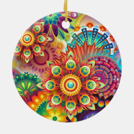 明るいカラフル抽象芸術花模様 セラミックオーナメント (裏面)