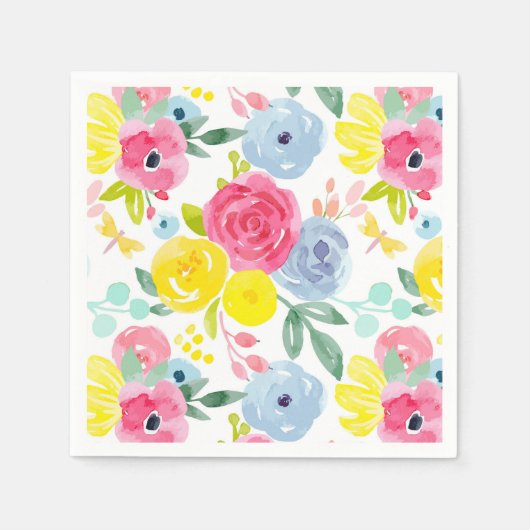 明るいカラフル水彩花の模様 スタンダードカクテルナプキン (正面)