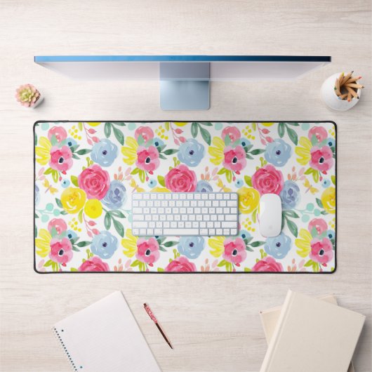 明るいカラフル水彩花の模様 デスクマット (オフィス1)