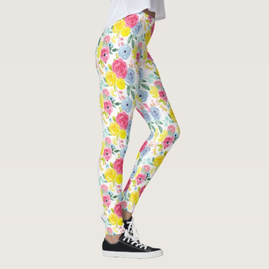 明るいカラフル水彩花の模様 レギンス (右)