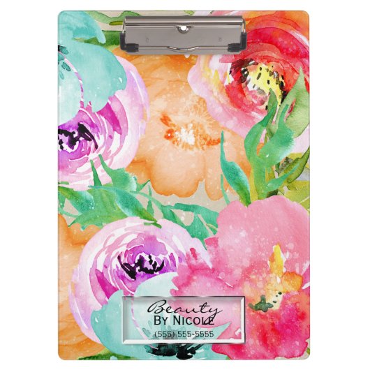 明るいカラフル水色のフローラパーソナライズされた クリップボード (正面)