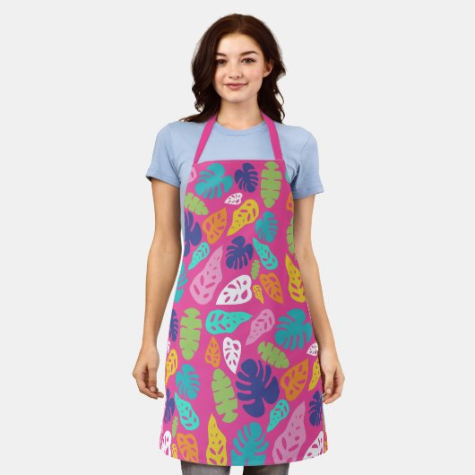 明るいカラフル熱帯の夏葉のパターン エプロン (着用した状態)