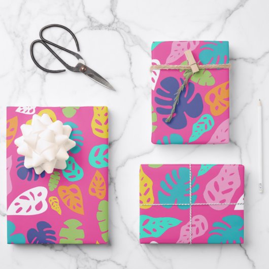 明るいカラフル熱帯の夏葉のパターン ラッピングペーパーシート (正面)