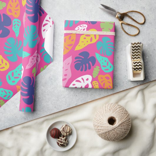 明るいカラフル熱帯の夏葉のパターン ラッピングペーパー (クラフト)