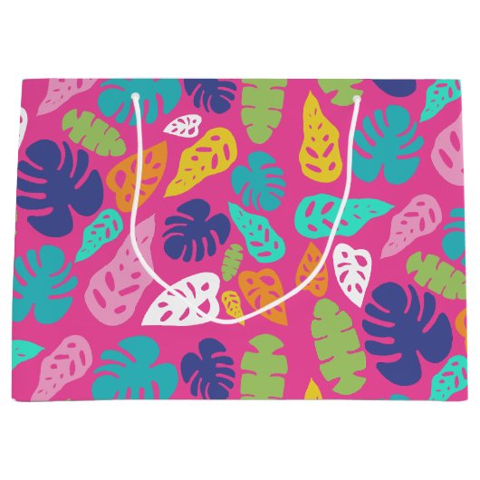 明るいカラフル熱帯の夏葉のパターン ラージペーパーバッグ (正面)