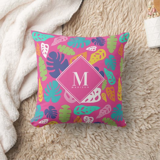 明るいカラフル熱帯の夏離れのモノグラム クッション (ブランケット)
