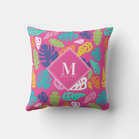 明るいカラフル熱帯の夏離れのモノグラム クッション (裏面)