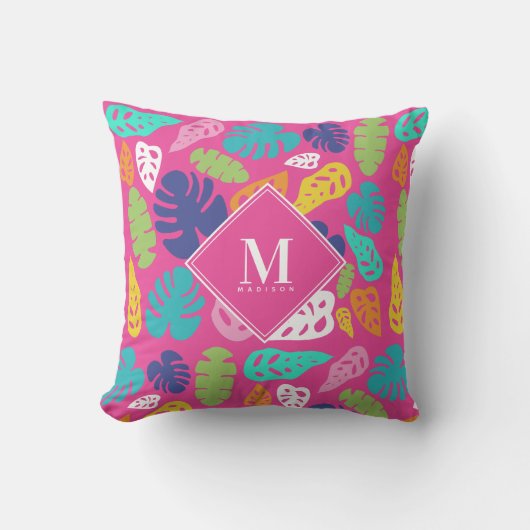 明るいカラフル熱帯の夏離れのモノグラム クッション (正面)