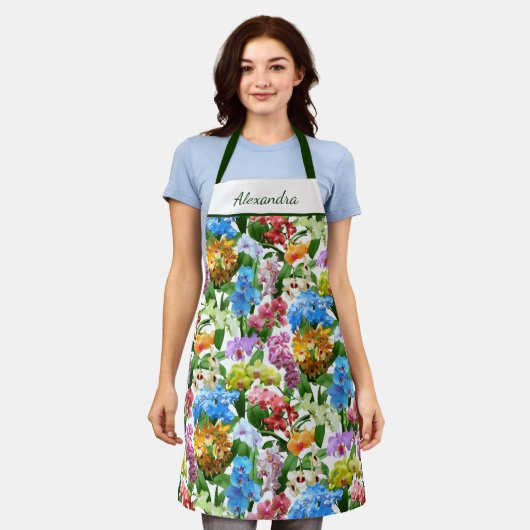 明るいカラフル熱帯蘭のフローラ名 エプロン (着用した状態)