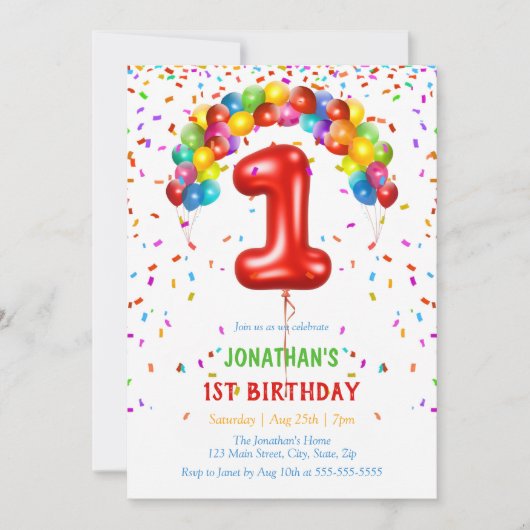 明るいカラフル紙吹雪バルーン1日の誕生日 招待状 (正面)