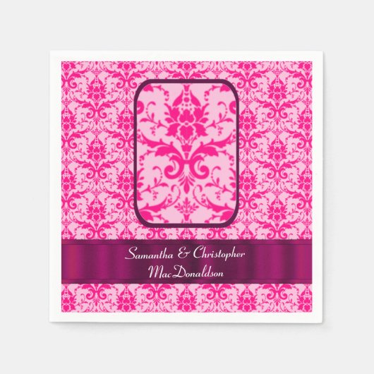 明るいカラフル結婚ピンクのダマスクパターン スタンダードカクテルナプキン (正面)