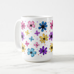 明るいカラフル花と蝶 コーヒーマグカップ