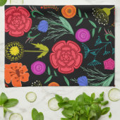 明るいカラフル花（黒） キッチンタオル (折り畳み)