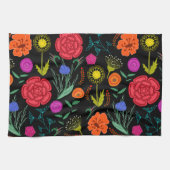 明るいカラフル花（黒） キッチンタオル (横)