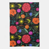 明るいカラフル花（黒） キッチンタオル (縦)