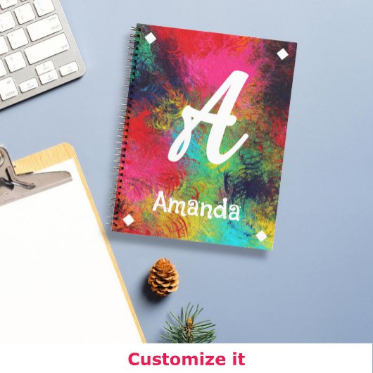 明るいカラフル芸術と白いモノグラム ノートブック