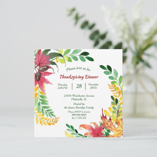 明るいカラフル葉の枠感謝祭ディナー 招待状 (スタンド正面)
