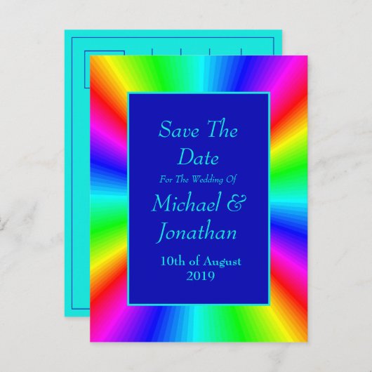 明るいカラフル虹の結婚式の日付を保存 案内ポストカード (正面/裏面)