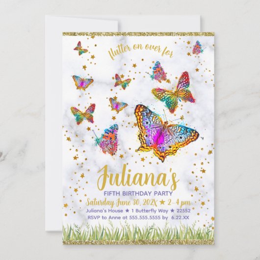 明るいカラフル蝶の誕生日パーティー 招待状 (正面)